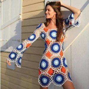 My Beachy Side crochet orange/blue/white LS cover up, One size